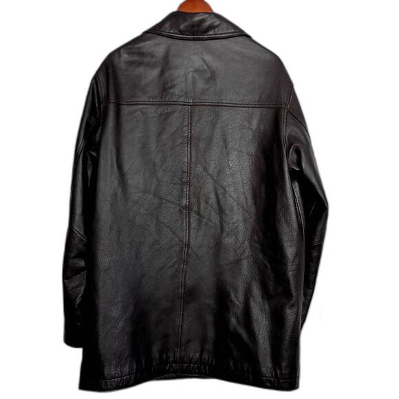 Eddie Bauer Men's Dark Brown Leather Jacket Coat Long Length Button Up M - Picture 2 of 11